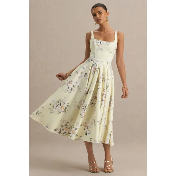Lissa | Robe mi-longue à col carré avec imprimé bouquet floral citron