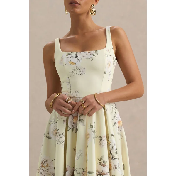 Lissa | Robe mi-longue à col carré avec imprimé bouquet floral citron