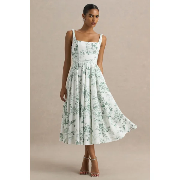 Lissa | Robe mi-longue à encolure carrée avec imprimé porcelaine vert