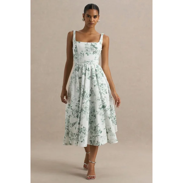 Lissa | Robe mi-longue à encolure carrée avec imprimé porcelaine vert