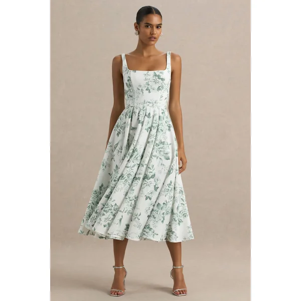 Lissa | Robe mi-longue à encolure carrée avec imprimé porcelaine vert