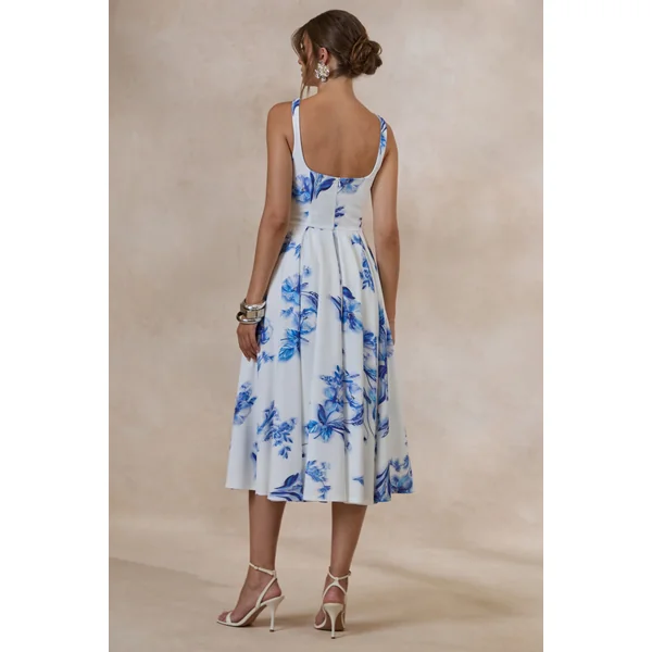 Lissa | Robe mi-longue à imprimé floral bleu à col carré