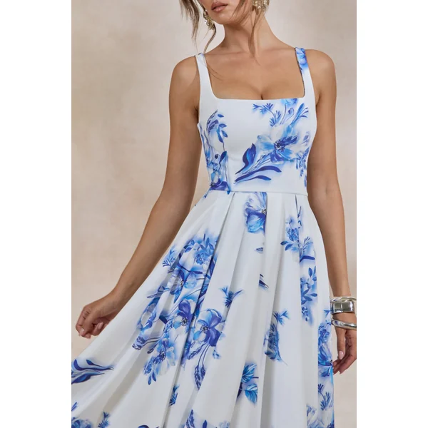 Lissa | Robe mi-longue à imprimé floral bleu à col carré