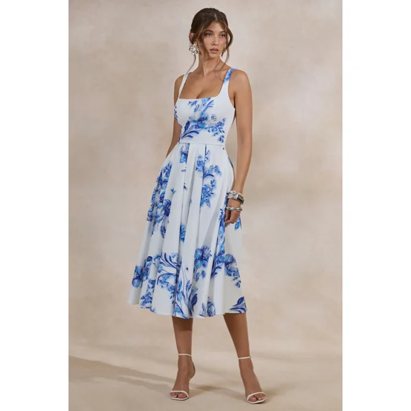 Lissa | Robe mi-longue à imprimé floral bleu à col carré