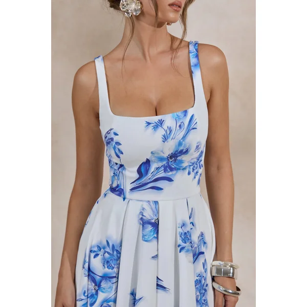 Lissa | Robe mi-longue à imprimé floral bleu à col carré