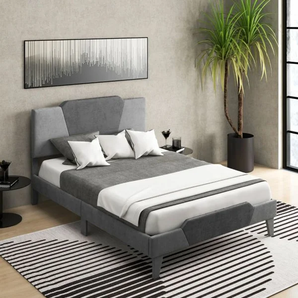 Lit Adulte en Velours 140x200CM avec Tête de Lit Lit Rembourré Double avec Sommier à Lattes en Bois Massif Charge 500 KG Gris