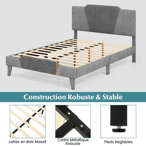Lit Adulte en Velours 140x200CM avec Tête de Lit Lit Rembourré Double avec Sommier à Lattes en Bois Massif Charge 500 KG Gris