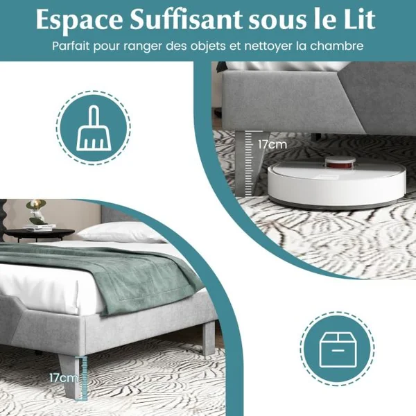 Lit Adulte en Velours 140x200CM avec Tête de Lit Lit Rembourré Double avec Sommier à Lattes en Bois Massif Charge 500 KG Gris