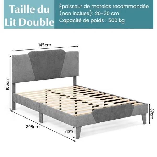 Lit Adulte en Velours 140x200CM avec Tête de Lit Lit Rembourré Double avec Sommier à Lattes en Bois Massif Charge 500 KG Gris