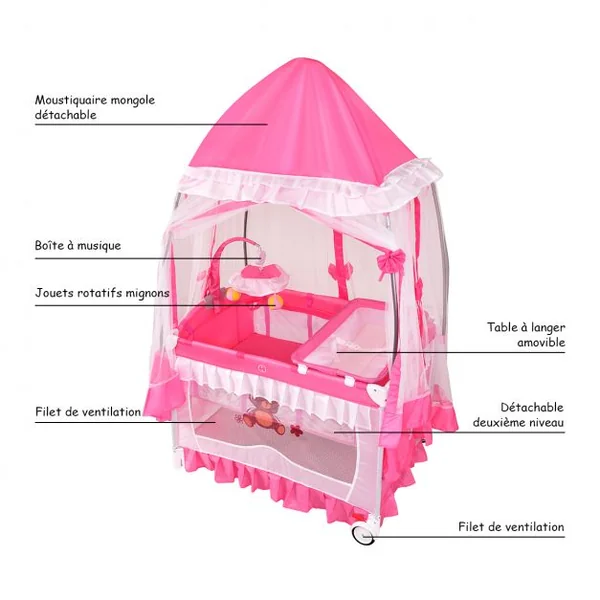 Lit bébé parapluie pliant lit de voyage pour bébé 2 niveaux muni de moustiquaire de yourte et porte-couche