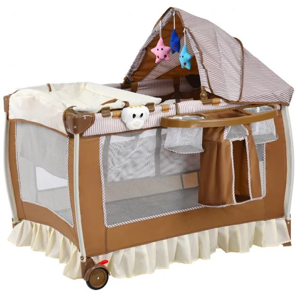 Lit bébé parapluie pliant lit de voyage pour bébé brun 2 niveaux muni d’auvent avec jouets suspendus et sac à langer