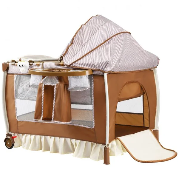 Lit bébé parapluie pliant lit de voyage pour bébé brun 2 niveaux muni d’auvent avec jouets suspendus et sac à langer