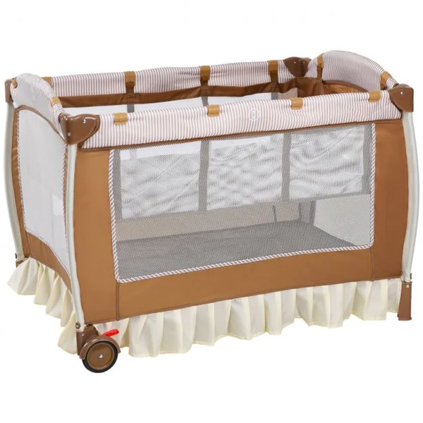 Lit bébé parapluie pliant lit de voyage pour bébé brun 2 niveaux muni d’auvent avec jouets suspendus et sac à langer