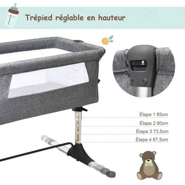 Lit Bébé Parapluie pour Voyage 2 en 1 avec Sac de Transport Hauteur Réglable en Tissu+fer+aluminium 97x70x85cm Gris
