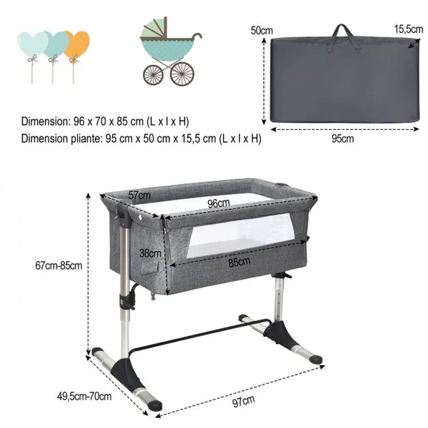 Lit Bébé Parapluie pour Voyage 2 en 1 avec Sac de Transport Hauteur Réglable en Tissu+fer+aluminium 97x70x85cm Gris