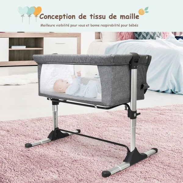 Lit Bébé Parapluie pour Voyage 2 en 1 avec Sac de Transport Hauteur Réglable en Tissu+fer+aluminium 97x70x85cm Gris