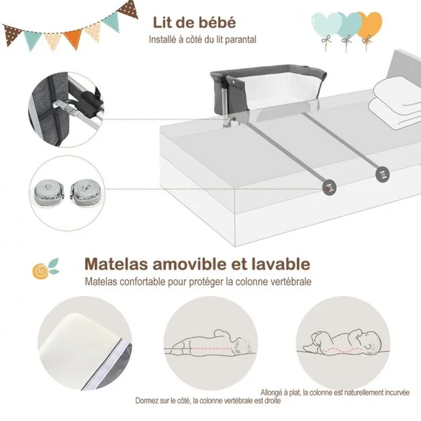 Lit Bébé Parapluie pour Voyage 2 en 1 avec Sac de Transport Hauteur Réglable en Tissu+fer+aluminium 97x70x85cm Gris
