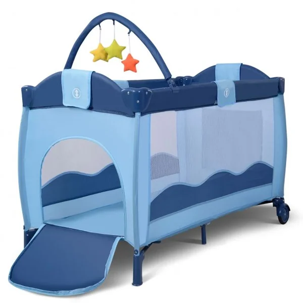 Lit Bébé Pliable de Voyage Lit Parapluie Multifonction en Tissu Oxford+fer 120x60x78cm Motif Éléphant Bleu