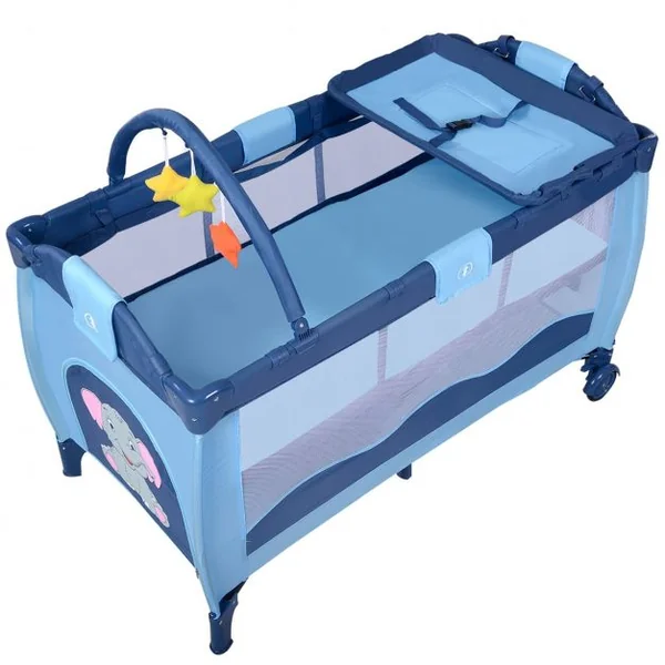 Lit Bébé Pliable de Voyage Lit Parapluie Multifonction en Tissu Oxford+fer 120x60x78cm Motif Éléphant Bleu