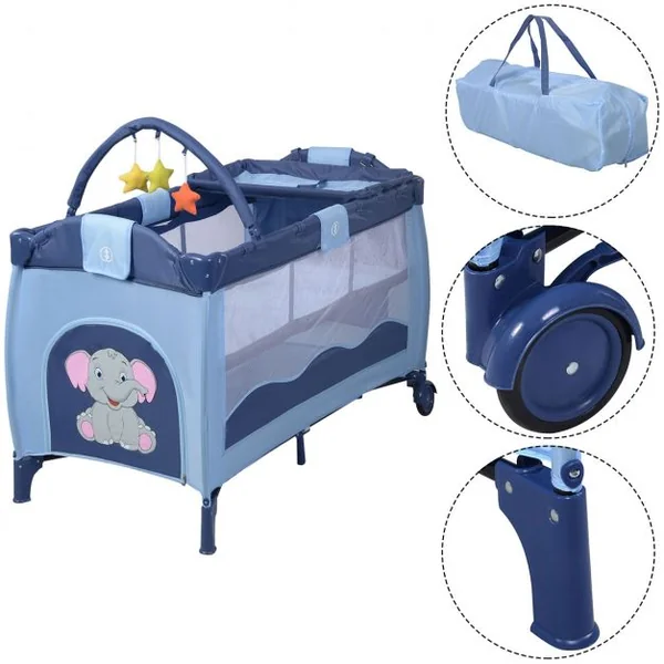 Lit Bébé Pliable de Voyage Lit Parapluie Multifonction en Tissu Oxford+fer 120x60x78cm Motif Éléphant Bleu