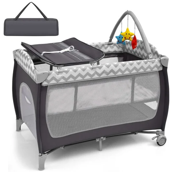 Lit Bébé Portable 3 en 1 avec Matelas Berceau Table à Langer 3 Jouets Suspendus Sac Roues Verrouillables Porte Zippée Rose