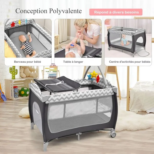Lit Bébé Portable 3 en 1 avec Matelas Berceau Table à Langer 3 Jouets Suspendus Sac Roues Verrouillables Porte Zippée Rose