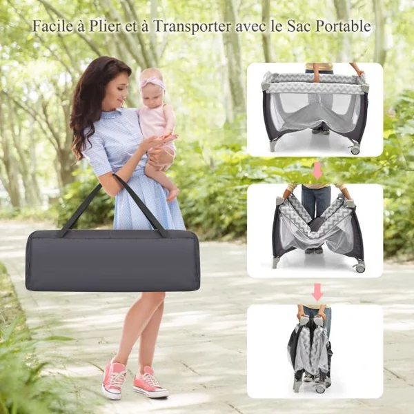Lit Bébé Portable 3 en 1 avec Matelas Berceau Table à Langer 3 Jouets Suspendus Sac Roues Verrouillables Porte Zippée Rose