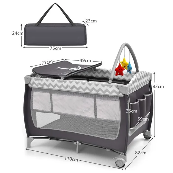 Lit Bébé Portable 3 en 1 avec Matelas Berceau Table à Langer 3 Jouets Suspendus Sac Roues Verrouillables Porte Zippée Rose