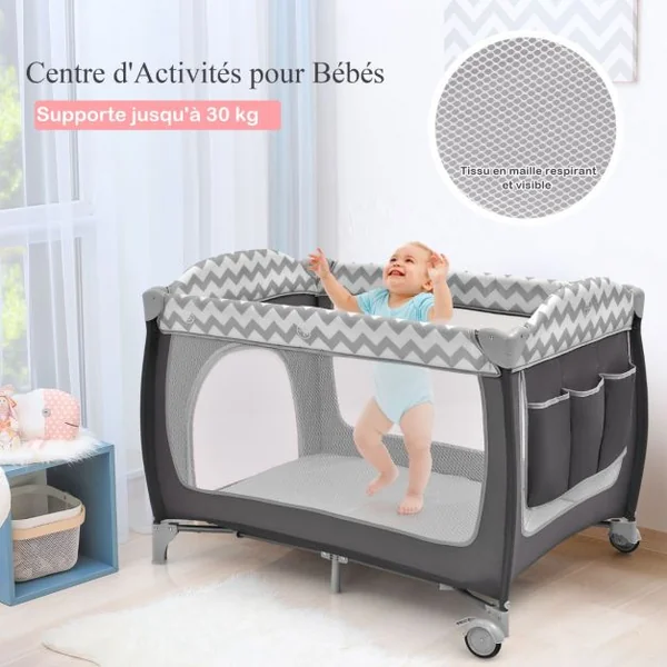 Lit Bébé Portable 3 en 1 avec Matelas Berceau Table à Langer 3 Jouets Suspendus Sac Roues Verrouillables Porte Zippée Rose