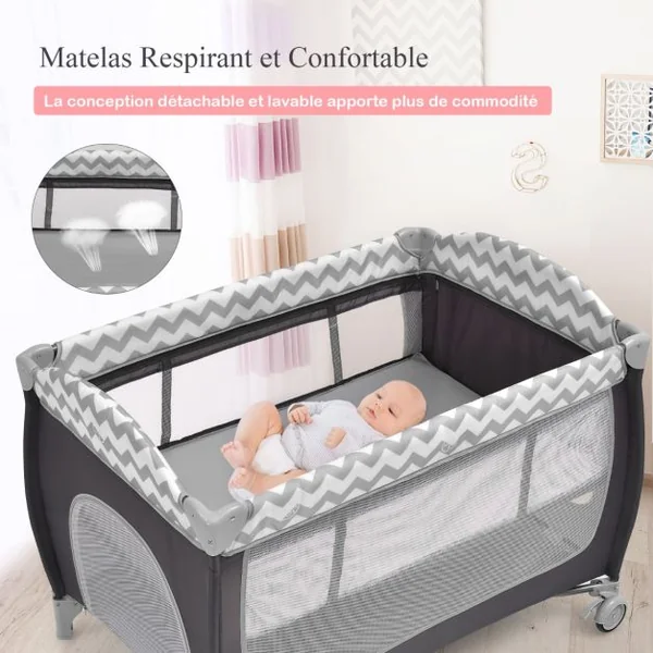 Lit Bébé Portable 3 en 1 avec Matelas Berceau Table à Langer 3 Jouets Suspendus Sac Roues Verrouillables Porte Zippée Rose