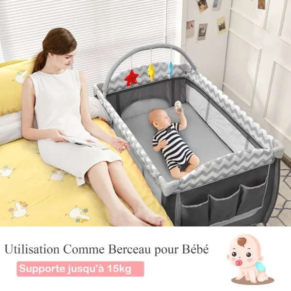 Lit Bébé Portable 3 en 1 avec Matelas Berceau Table à Langer 3 Jouets Suspendus Sac Roues Verrouillables Porte Zippée Rose