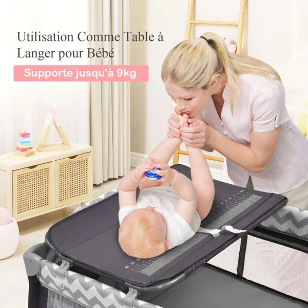 Lit Bébé Portable 3 en 1 avec Matelas Berceau Table à Langer 3 Jouets Suspendus Sac Roues Verrouillables Porte Zippée Rose