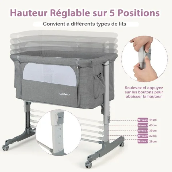 Lit Cododo Bébé à 5 Hauteurs Réglables Charge 9KG Lit Berceau Maille Respirante Sac de Voyage pour Bébé 0-6 Mois Noir/Gris foncé/Gris Clair/Rose