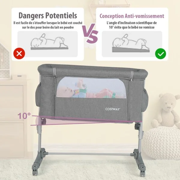Lit Cododo Bébé à 5 Hauteurs Réglables Charge 9KG Lit Berceau Maille Respirante Sac de Voyage pour Bébé 0-6 Mois Noir/Gris foncé/Gris Clair/Rose