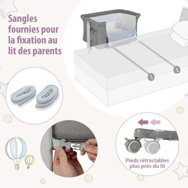 Lit Cododo Bébé à 5 Hauteurs Réglables Charge 9KG Lit Berceau Maille Respirante Sac de Voyage pour Bébé 0-6 Mois Noir/Gris foncé/Gris Clair/Rose