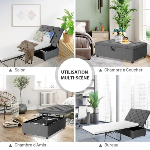 Lit Convertible Pliant 2 en 1 Lit Ottoman Pliant avec Matelas et Cadre en Métal Lit d'Invité Peu Encombrant Canapé-lit à Double Usage Gris