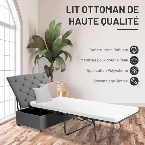 Lit Convertible Pliant 2 en 1 Lit Ottoman Pliant avec Matelas et Cadre en Métal Lit d'Invité Peu Encombrant Canapé-lit à Double Usage Gris