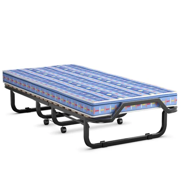 Lit d'Appoint Pliable sur Roulettes 80 x 200 CM Lit Pliant Matelas en Mousse 10 CM 15 Lattes de Lit en Bois Bleu