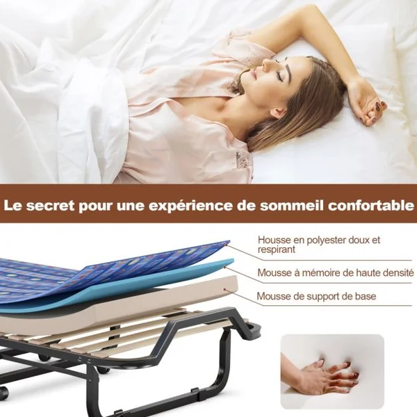 Lit d'Appoint Pliable sur Roulettes 80 x 200 CM Lit Pliant Matelas en Mousse 10 CM 15 Lattes de Lit en Bois Bleu