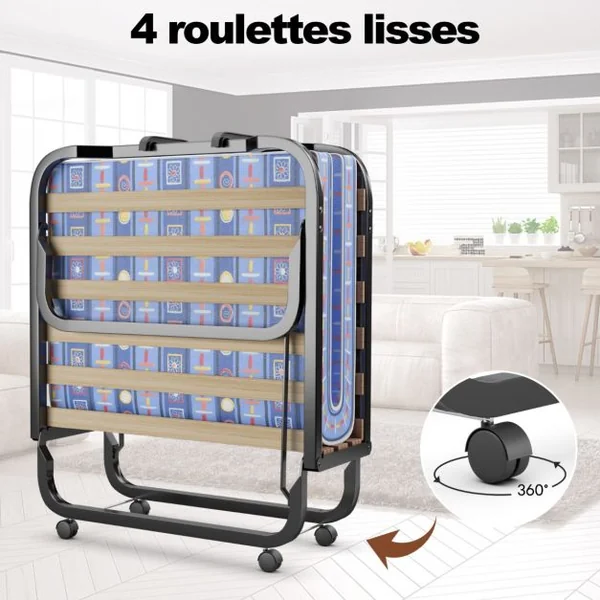 Lit d'Appoint Pliable sur Roulettes 80 x 200 CM Lit Pliant Matelas en Mousse 10 CM 15 Lattes de Lit en Bois Bleu