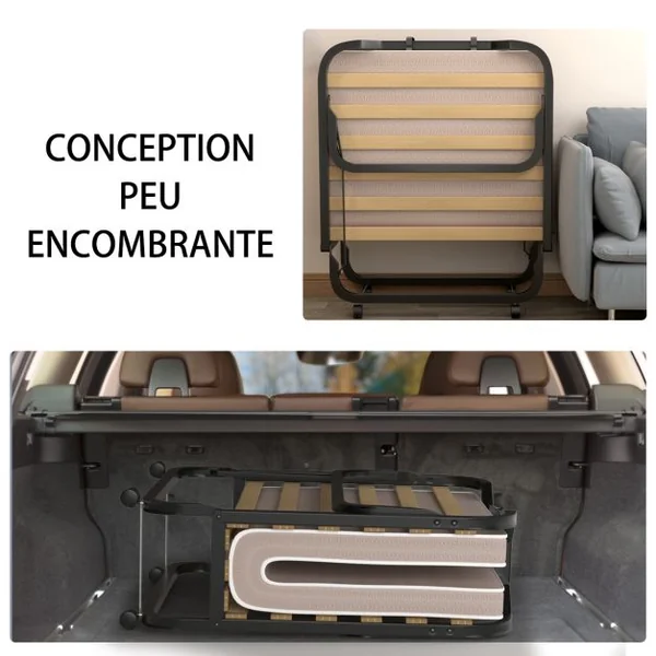 Lit d'Appoint Pliable sur Roulettes 80 x 200 CM Lit Pliant Matelas en Mousse 10 CM 15 Lattes de Lit en Bois