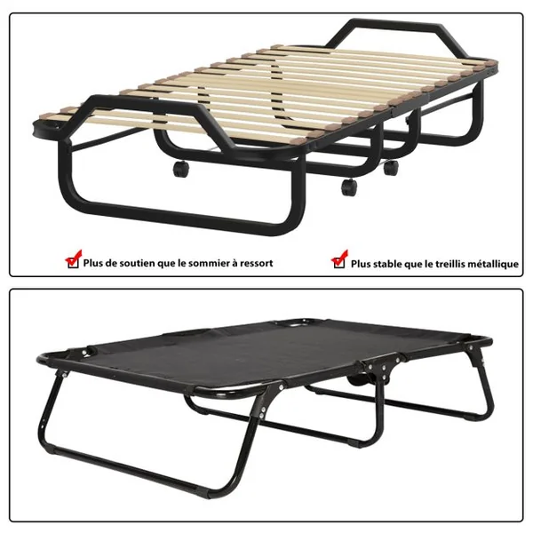 Lit d'Appoint Pliable sur Roulettes 80 x 200 CM Lit Pliant Matelas en Mousse 10 CM 15 Lattes de Lit en Bois