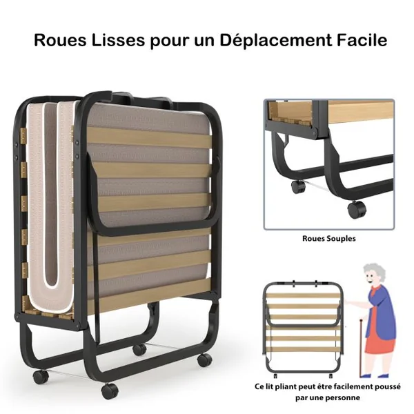 Lit d'Appoint Pliable sur Roulettes 80 x 200 CM Lit Pliant Matelas en Mousse 10 CM 15 Lattes de Lit en Bois