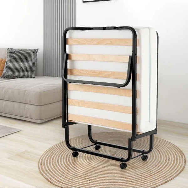 Lit d’Appoint à Roulettes 80x199 CM avec Matelas en Mousse Épaisseur 10CM Lit Pliant 1 Personne avec 15 Lattes de Bois