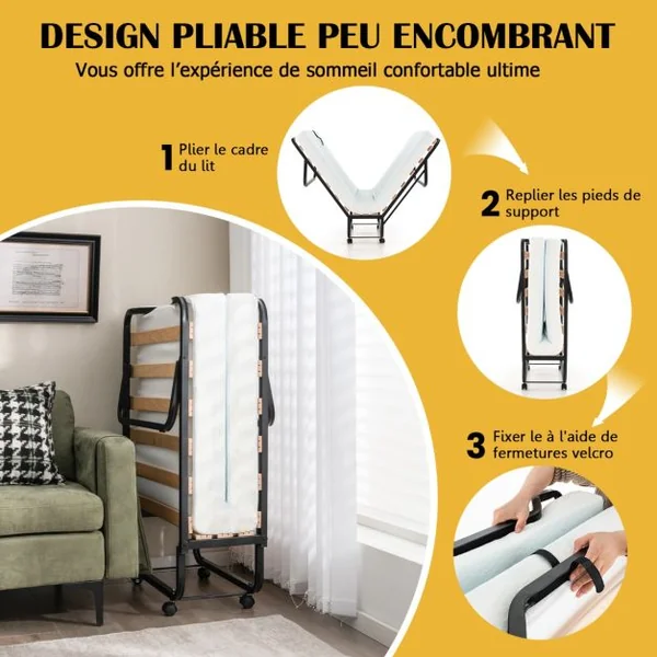 Lit d’Appoint à Roulettes 80x199 CM avec Matelas en Mousse Épaisseur 10CM Lit Pliant 1 Personne avec 15 Lattes de Bois