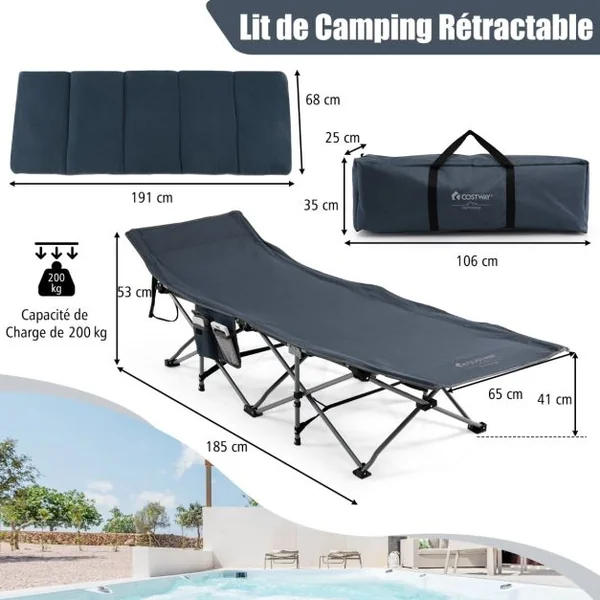Lit de Camping Pliable 65 x 185 CM avec Matelas et Oreiller Amovibles Lit d'Appoint pour Camping/Randonnée Bleu/Gris