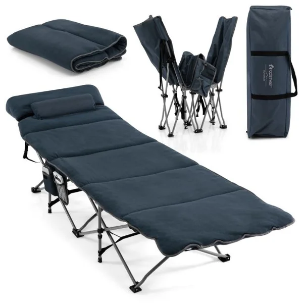 Lit de Camping Pliable 65 x 185 CM avec Matelas et Oreiller Amovibles Lit d'Appoint pour Camping/Randonnée Bleu/Gris