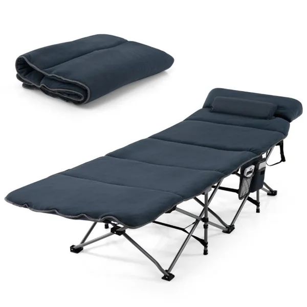 Lit de Camping Pliable 65 x 185 CM avec Matelas et Oreiller Amovibles Lit d'Appoint pour Camping/Randonnée Bleu/Gris