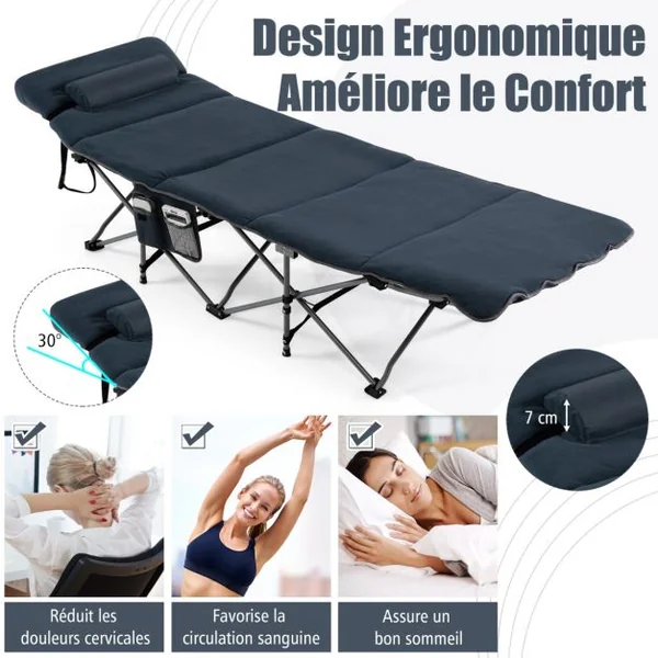 Lit de Camping Pliable 65 x 185 CM avec Matelas et Oreiller Amovibles Lit d'Appoint pour Camping/Randonnée Bleu/Gris