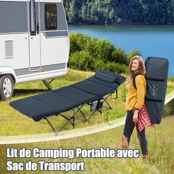 Lit de Camping Pliable 65 x 185 CM avec Matelas et Oreiller Amovibles Lit d'Appoint pour Camping/Randonnée Bleu/Gris
